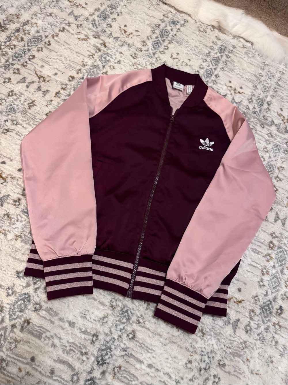 adidas Women's Pink and Burgundy Satin Varsity Bomber Jacket